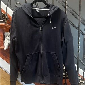 Nike Unisex Black Zip-Up Hoodie with White Swoosh Kangaroo Pockets Size M